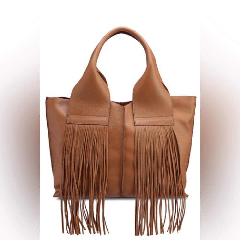 Mango tan brown leather fringe hobo slouchy handbag purse